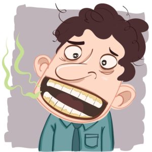 Cartoon of man with mouth open and green bad breath vapor exiting mouth